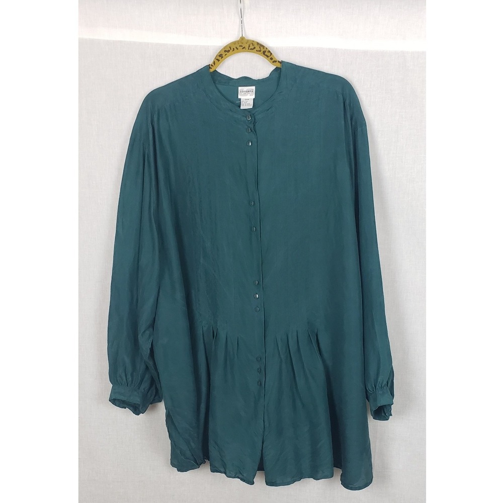 SOSTANZA Plus Size 24W Green 100%‎ Silk Button Front Tunic Blouse Fall Christmas